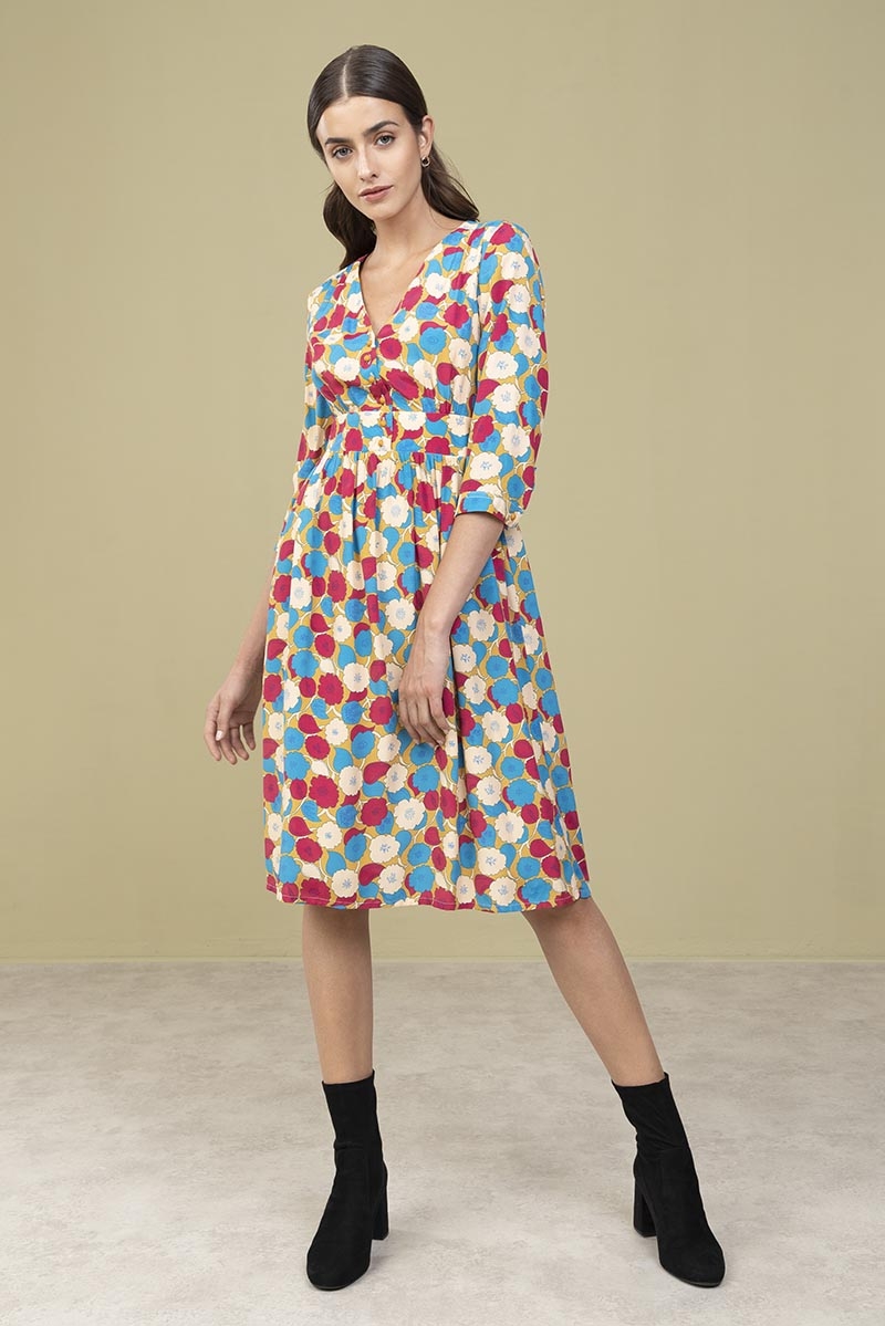 Vestito scollo a V MANON - Fantasia fiori azzurri e fucsia su fondo avorio - Quid