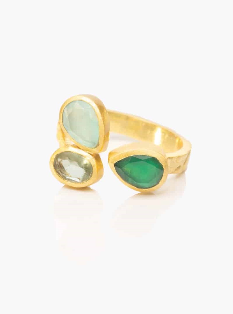 Anello pietra verde Onice placcato oro, Darya 3 gocce regolabile