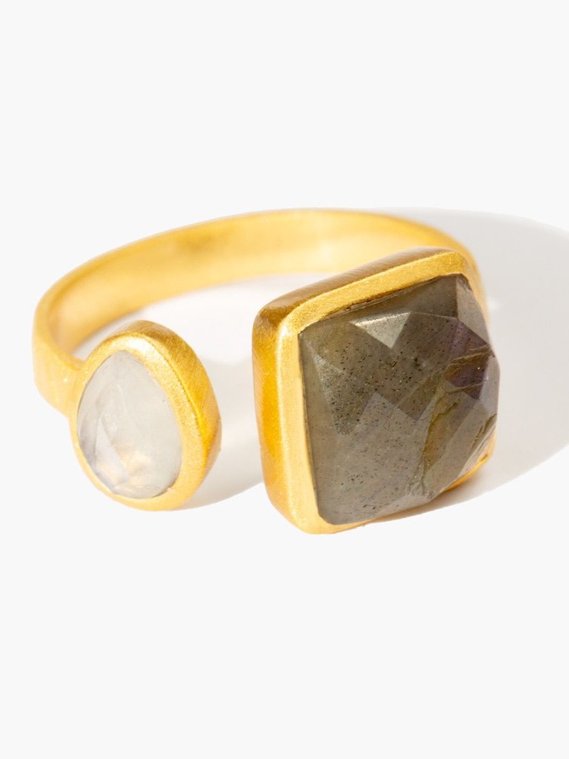 Anello grande Labradorite e Pietra di luna, placcato oro, CHO