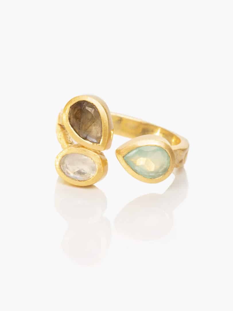 Anello labradorite placcato oro, Darya 3 gocce regolabile