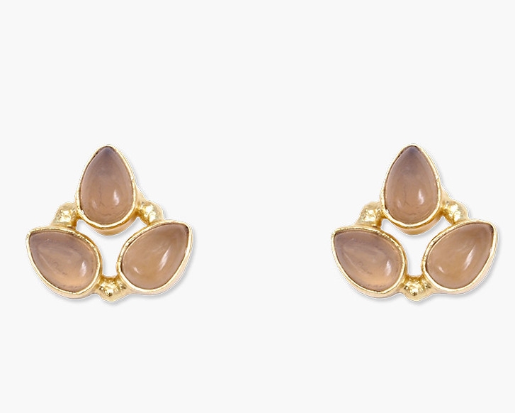 Orecchini lobo 3 foglie con pietre quarzo rosa placcato oro - Mandum
