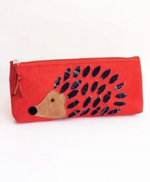 Astuccio portapenne in tessuto con RICCIO Rosso-grigio 21x10cm
