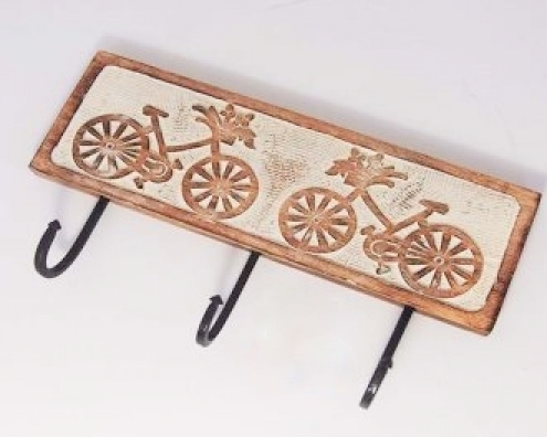 Attaccapanni in legno intagliato con biciclette con 3 ganci in ferro
