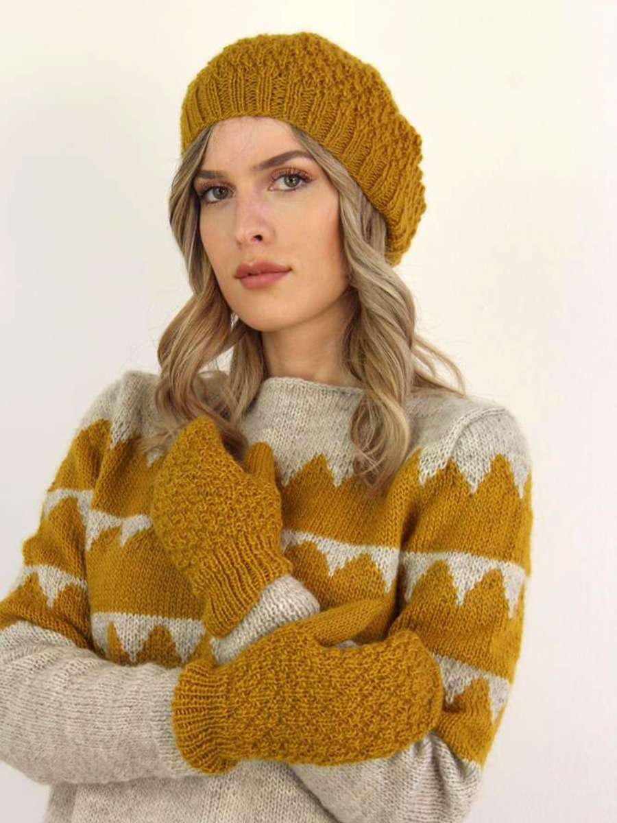 Basco lana donna, fatto a mano Giallo ocra Diamond