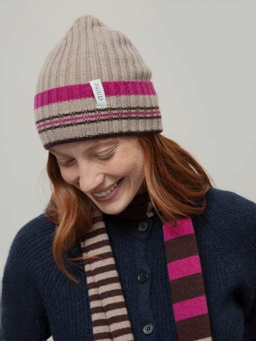 Berretto a righe in cashmere rigenerato multi beige