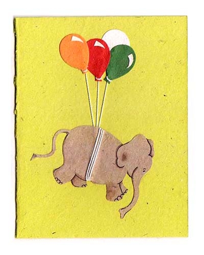 Biglietto auguri elefante con palloncini in Dung Paper - cacca di elefante riciclata