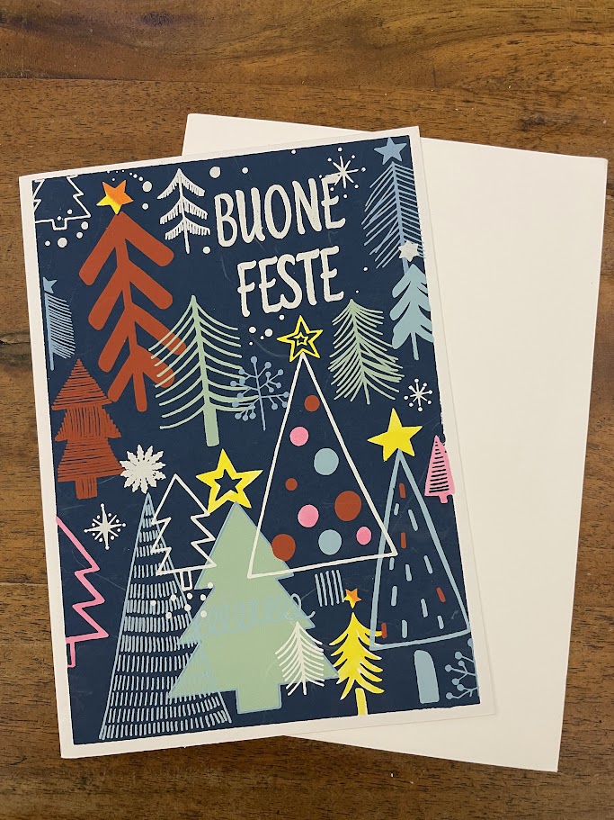 Biglietto auguri Natale blu Alberi