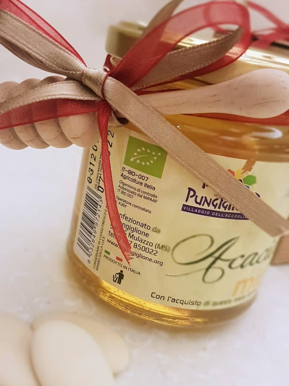 Bomboniera Miele di Acacia Bio con confetti, cucciaio legno in scatola