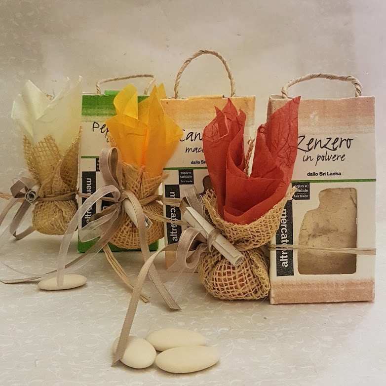 Bomboniera ecofriendly con sacchetto spezie e portaconfetti Colori della terra