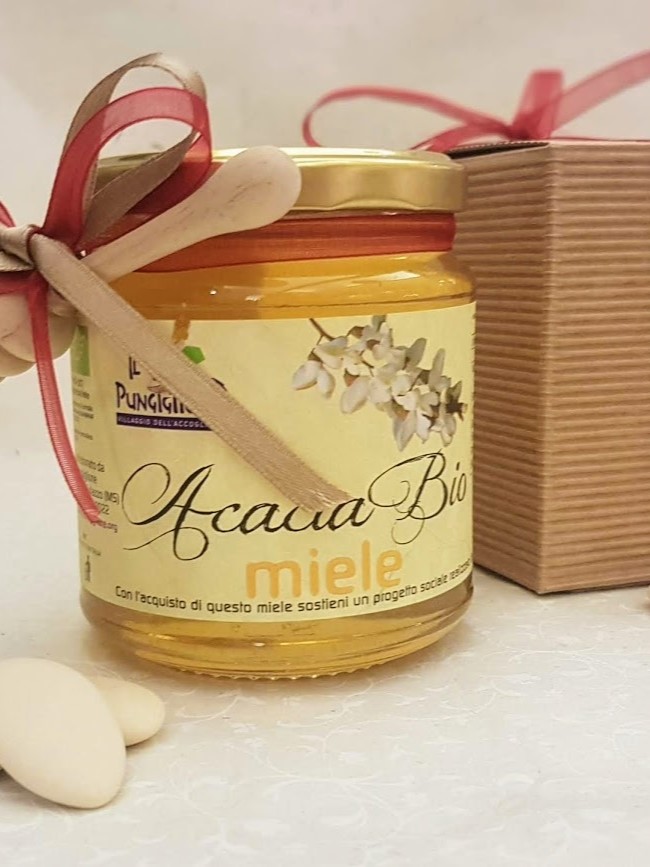 Bomboniera Miele di Acacia Bio con confetti, cucciaio legno in scatola