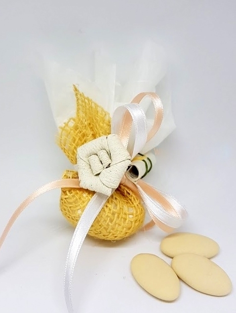 Bomboniera portaconfetti con fiore Dung paper e nastri Bianco e Rosa salmone