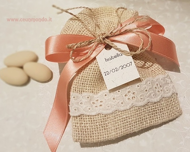 Sacchetto juta avorio con confetti, pizzo e raso