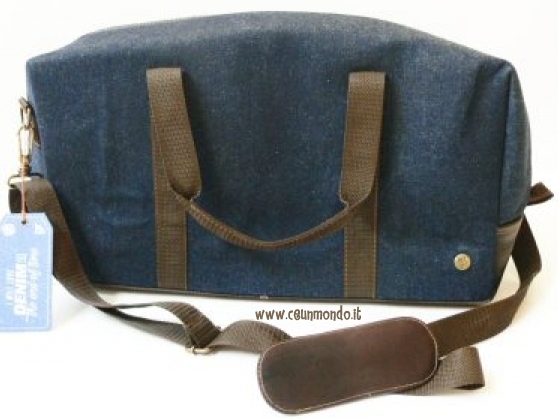 Borsa da viaggio in Denim e Pelle Indigo Blu/Marrone scuro
