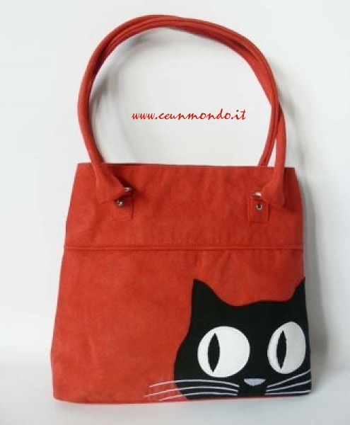Borsa a spalla con GATTO in tessuto vellutato Rosso-nero 33x27cm