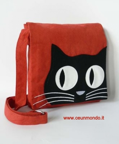 Borsetta messenger con GATTO in tessuto a tracolla Rosso-nero 22x21cm