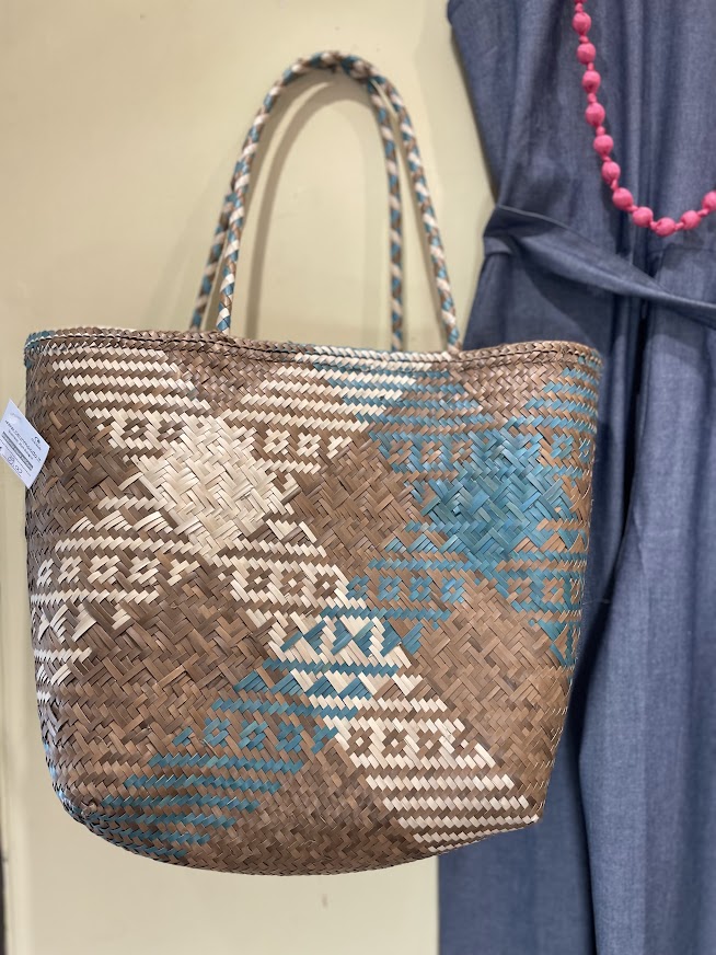 Borsa paglia artigianale trapezio Lontar Beige Azzurro