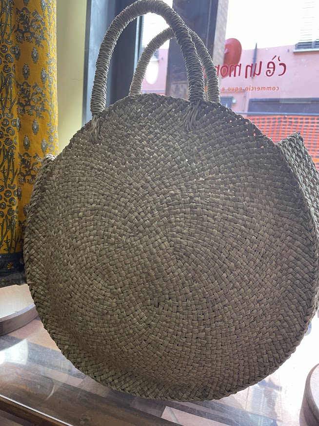 borsa in paglia artigianale tonda color Naturale con doppi manici