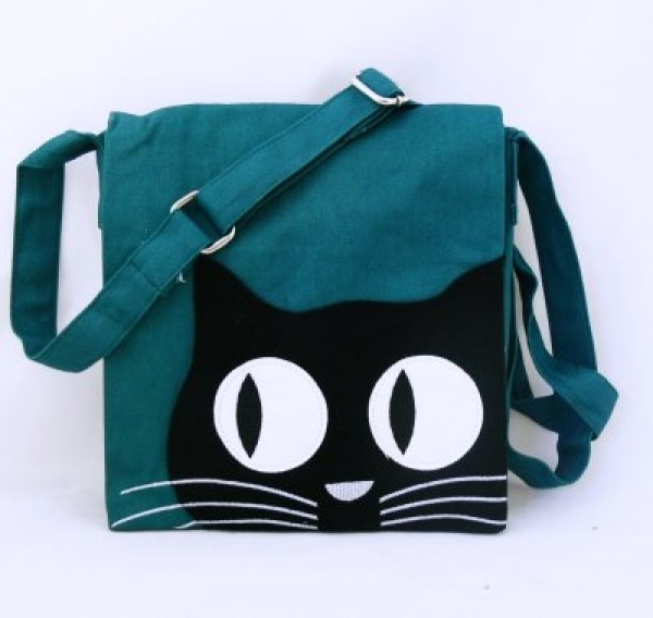 Borsetta messenger con GATTO in cotone a tracolla Blu 22x21cm