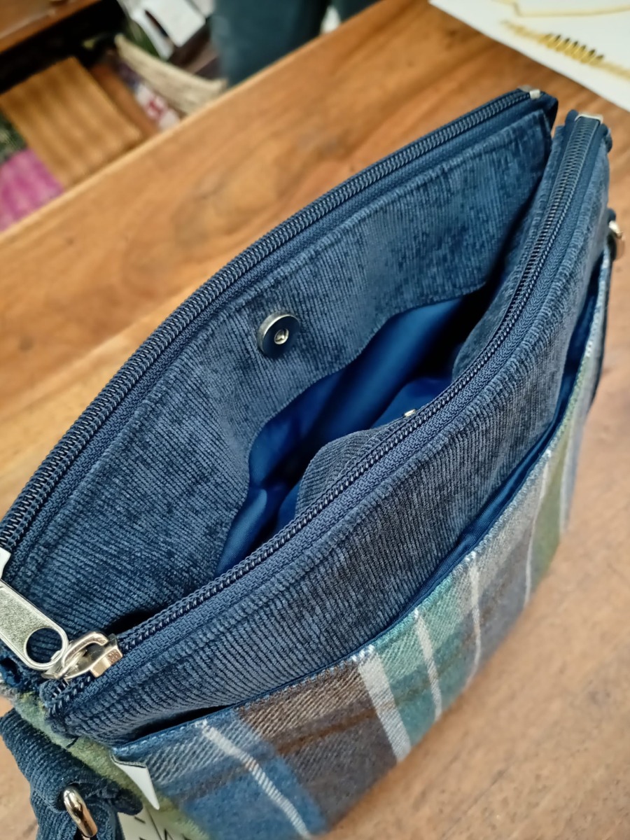 Borsa a spalla in tweed e velluto a coste Verdi e Blu MESSENGER Lumberjack