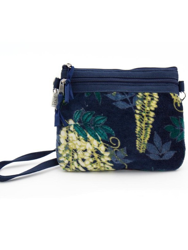 Borsa mini a tracolla con 2 tasche, in velluto fantasia su base blu. Velvet Jungle.