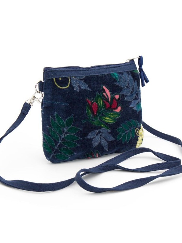 Borsa mini a tracolla con 2 tasche, in velluto fantasia su base blu. Velvet Jungle.