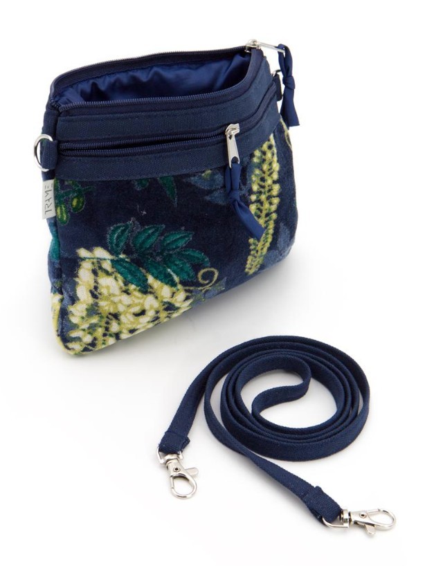 Borsa mini a tracolla con 2 tasche, in velluto fantasia su base blu. Velvet Jungle.