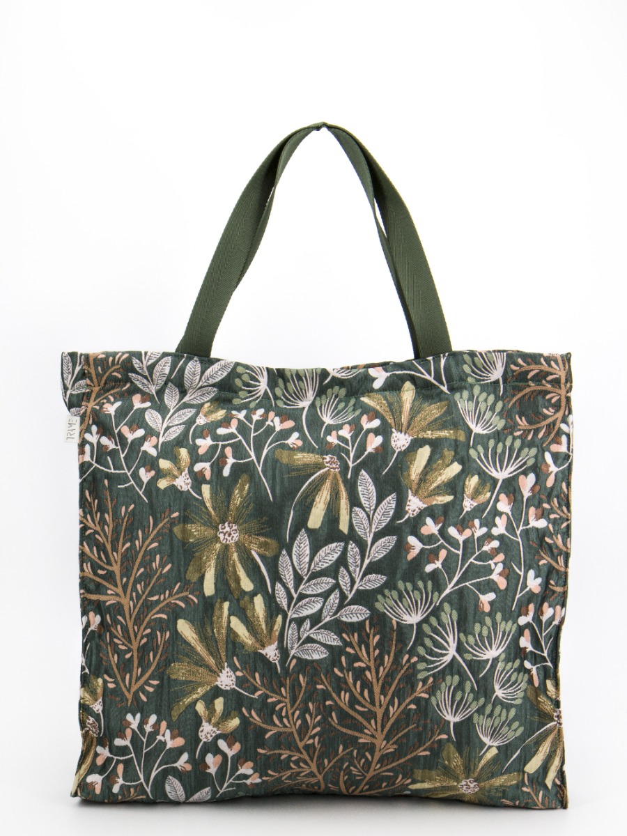 Borsa shopper a spalla ampia in broccato di cotone FIORI VERDI