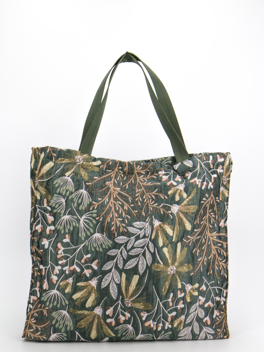 Borsa shopper a spalla ampia in broccato di cotone FIORI VERDI