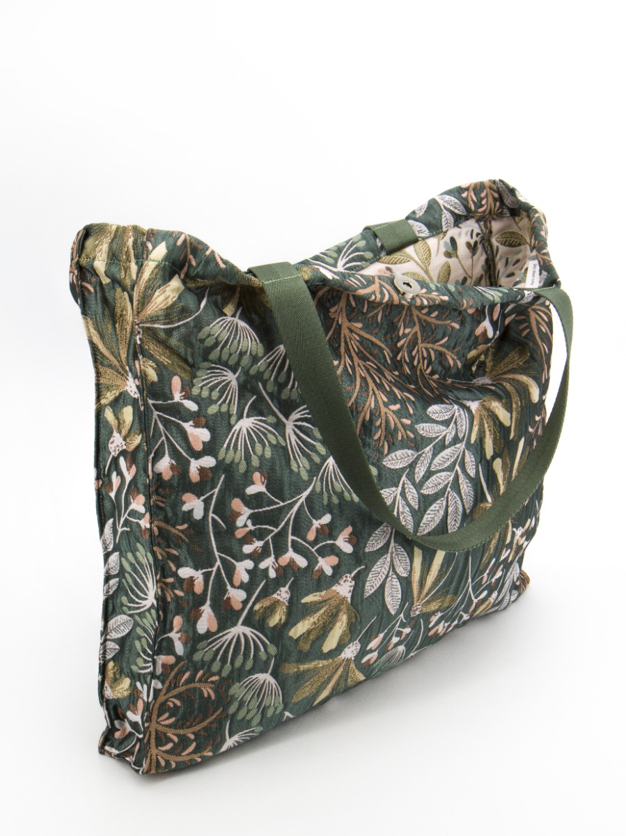 Borsa shopper a spalla ampia in broccato di cotone FIORI VERDI