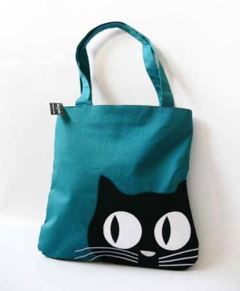 Borsa shopping GATTO in cotone con doppi manici Blu 33x36cm
