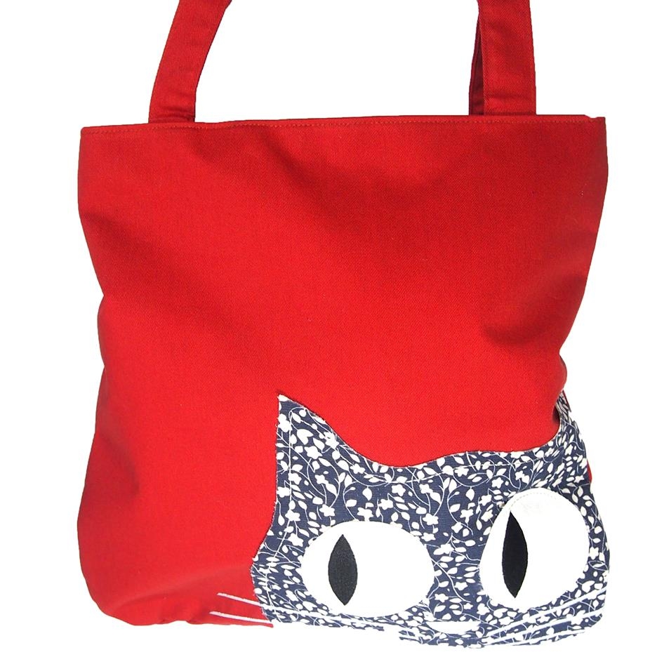 Borsa shopping a spalla in tessuto rossa Gatto Flora