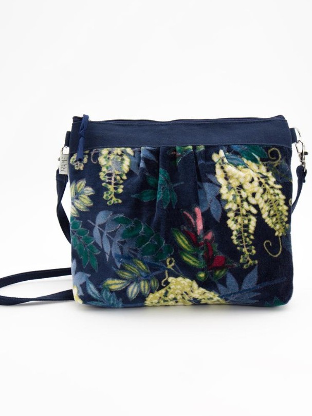 Borsa a tracolla in velluto fantasia su base blu. Velvet Jungle