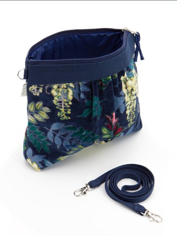 Borsa a tracolla in velluto fantasia su base blu. Velvet Jungle