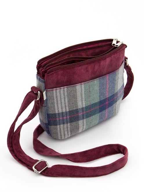 Borsa a tracolla in tessuto tartan Bordeaux Trame