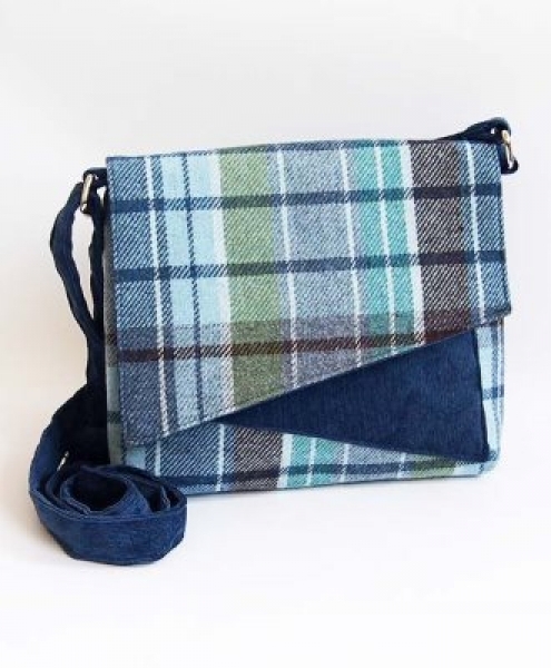 Borsetta tracolla TARTAN scozzeze in lana velluto blu 23x18cm
