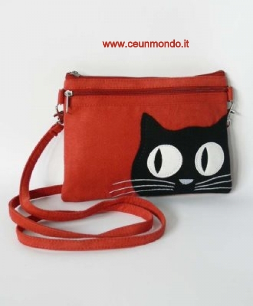 Borsetta a tracolla con Gatto in tessuto Rosso-nero