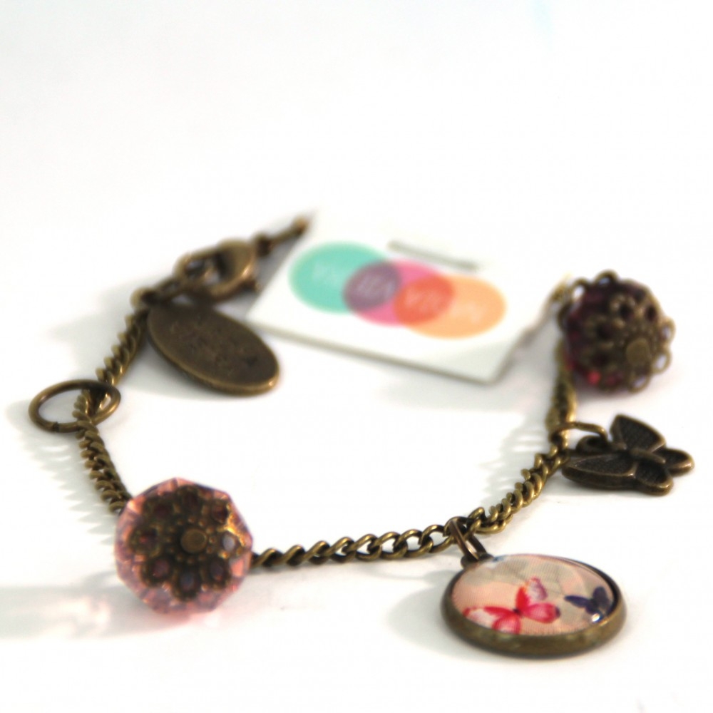 Bracciale pendagli metallo anticato Farfalle rosa - Soul Scope