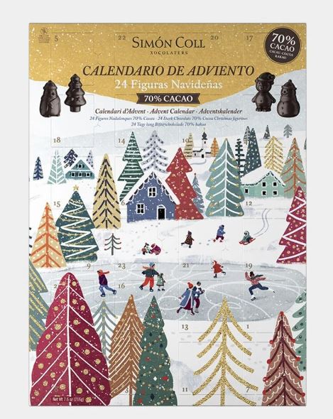 Calendario dell'avvento con cioccolato fondente 70% figure in 3D