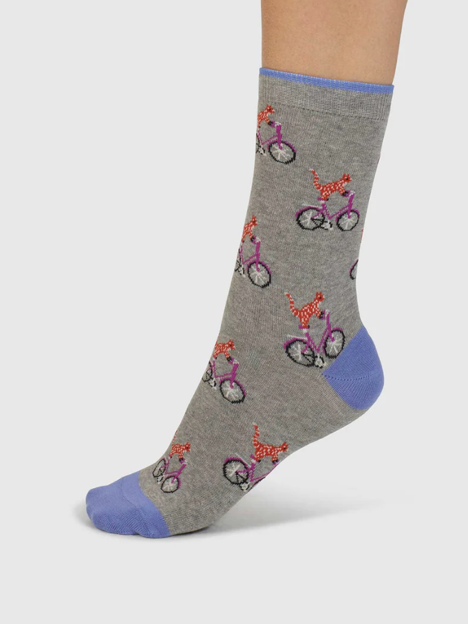 Calzini colorati Donna in cotone Gatto in bici Grigio