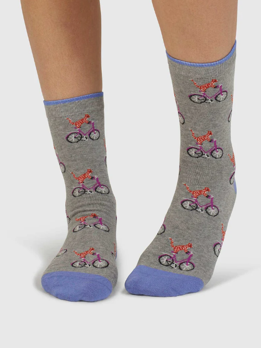 Calzini colorati Donna in cotone Gatto in bici Grigio