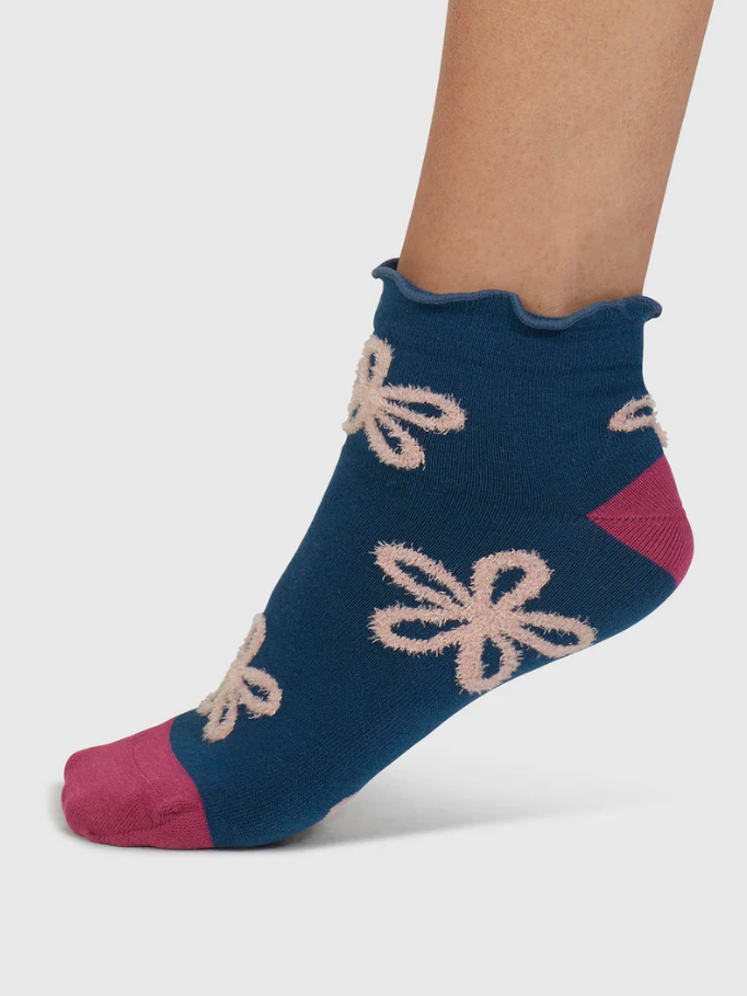 Calzini colorati donna, in bamboo Textured flower blu