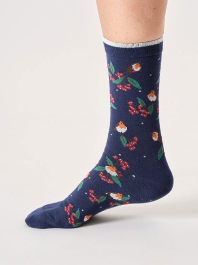 Calzini natalizi colorati Donna in Cotone Bio blu Pettirosso