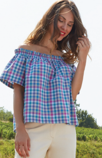 Camicia scollata con maniche corte CAPRI - quadri Azzurra - Quid