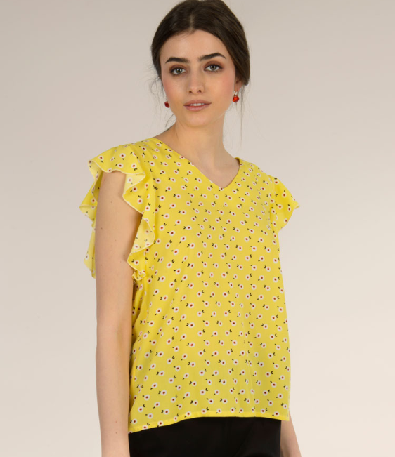 Camicia donna con maniche corte voile TROPEA - fantasia floreale gialla - Quid