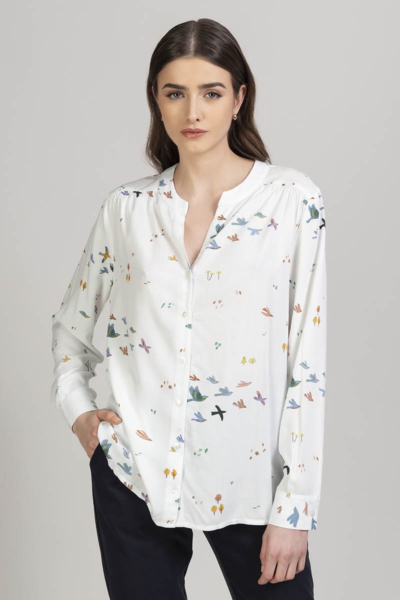 Camicia collo a giro aperta fantasia Bianca uccellini Bruin - Quid
