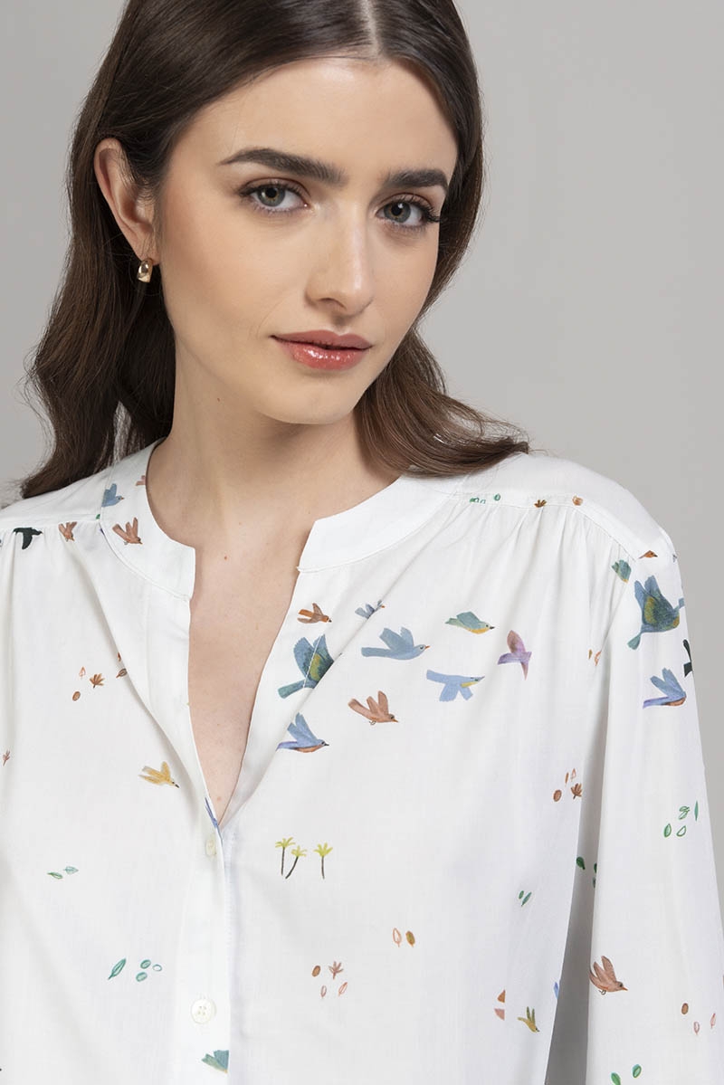 Camicia collo a giro aperta fantasia Bianca uccellini Bruin - Quid