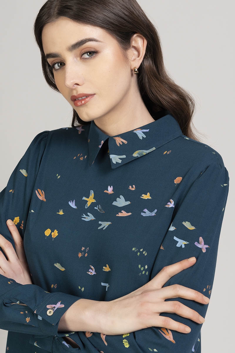 Camicia Corallo fantasia Blu uccellini - Quid