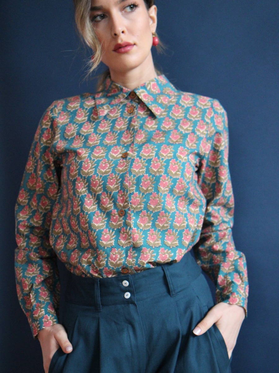 Camicia donna classica Verde rosa Mila - Trame
