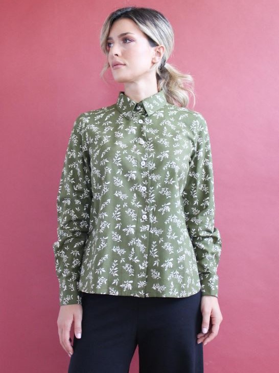 Camicia verde muschio fantasia in flanella di cotone Mila - Trame