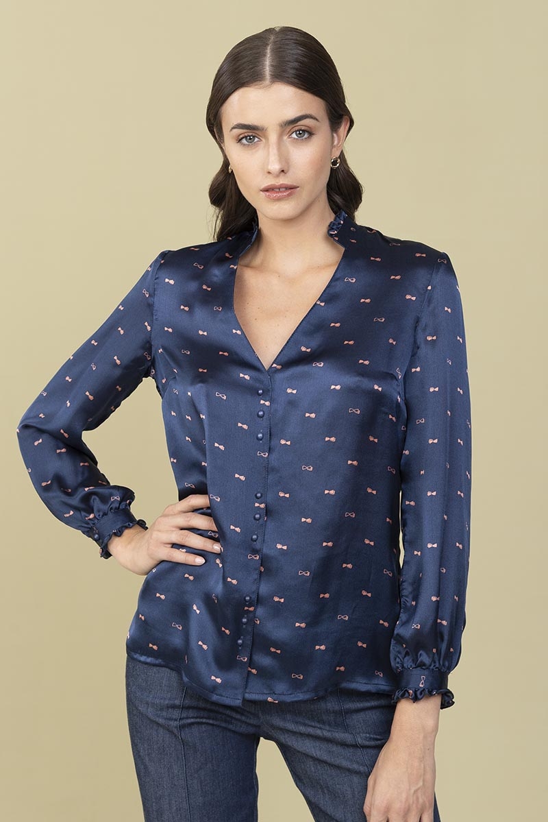 Camicia in seta con rouche TURANDOT - Blu fiocchi rosa - Quid
